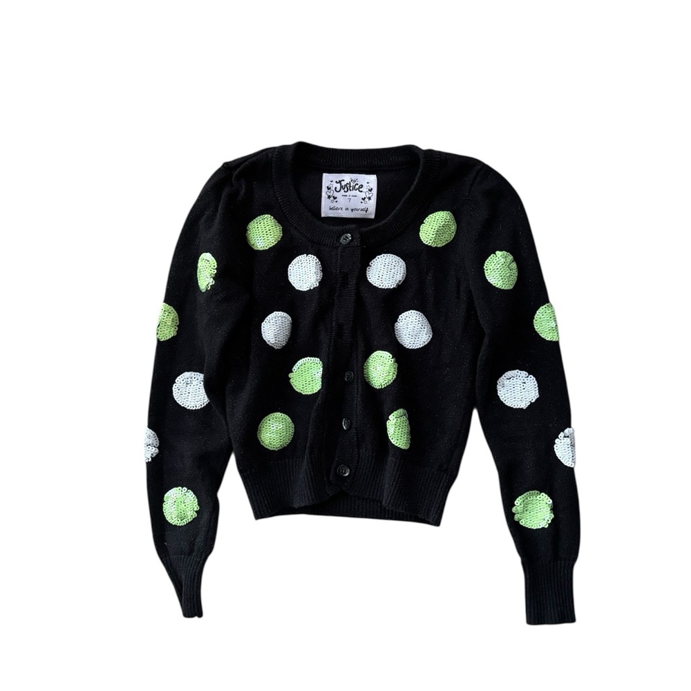Justice Black sparkle with White and Green sequin Polka Dot Sweater